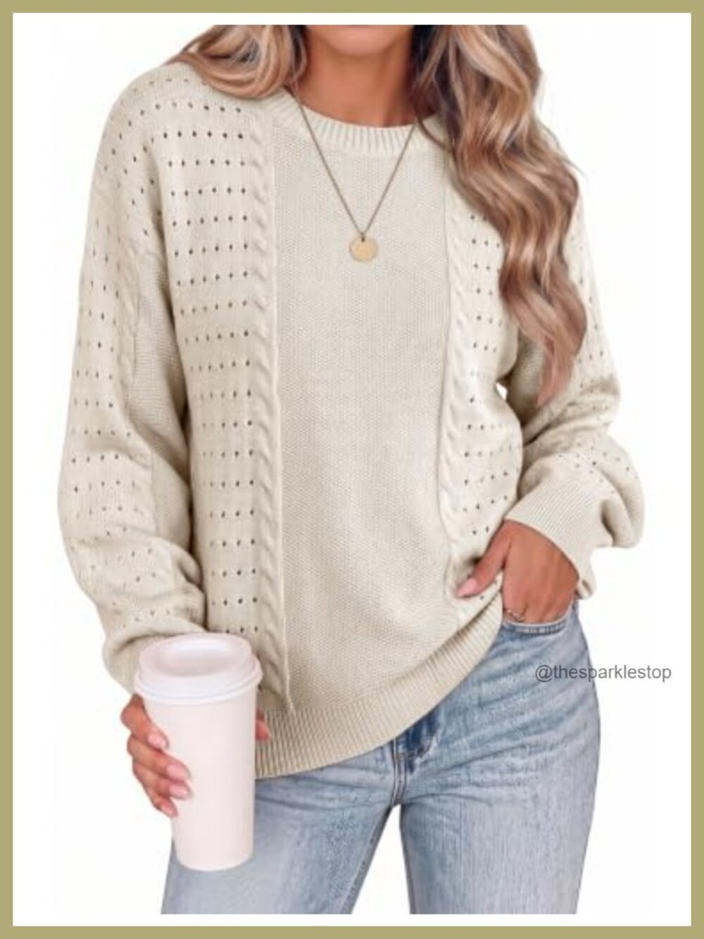 Women Crochet Knit Crewneck Long Sleeve Pullover Sweater Loose Fit